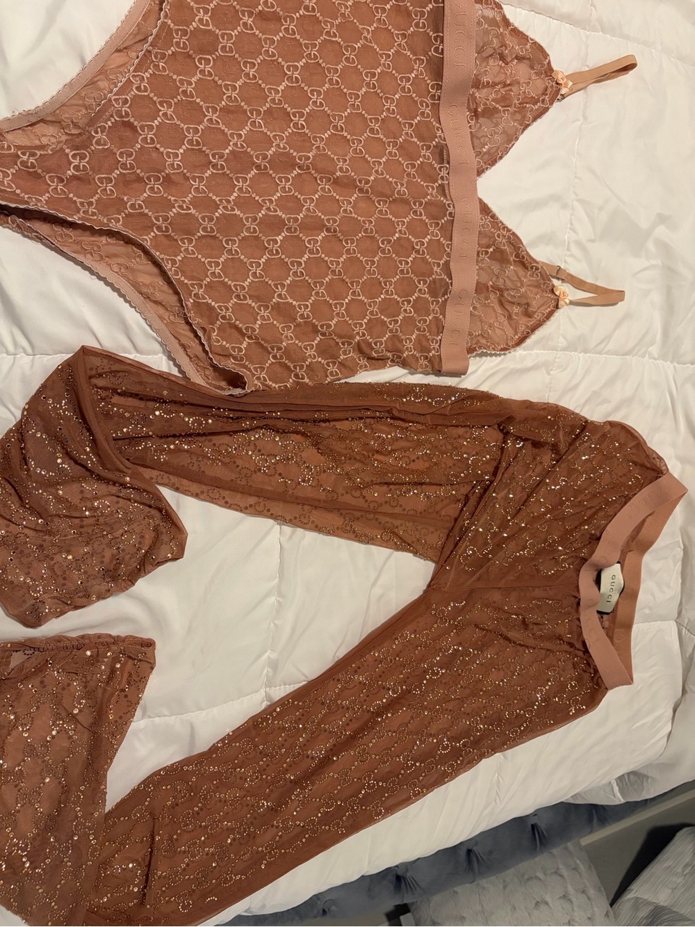 Gucci Sheer Lace Two-Piece Chemise Set in Dusty Brown